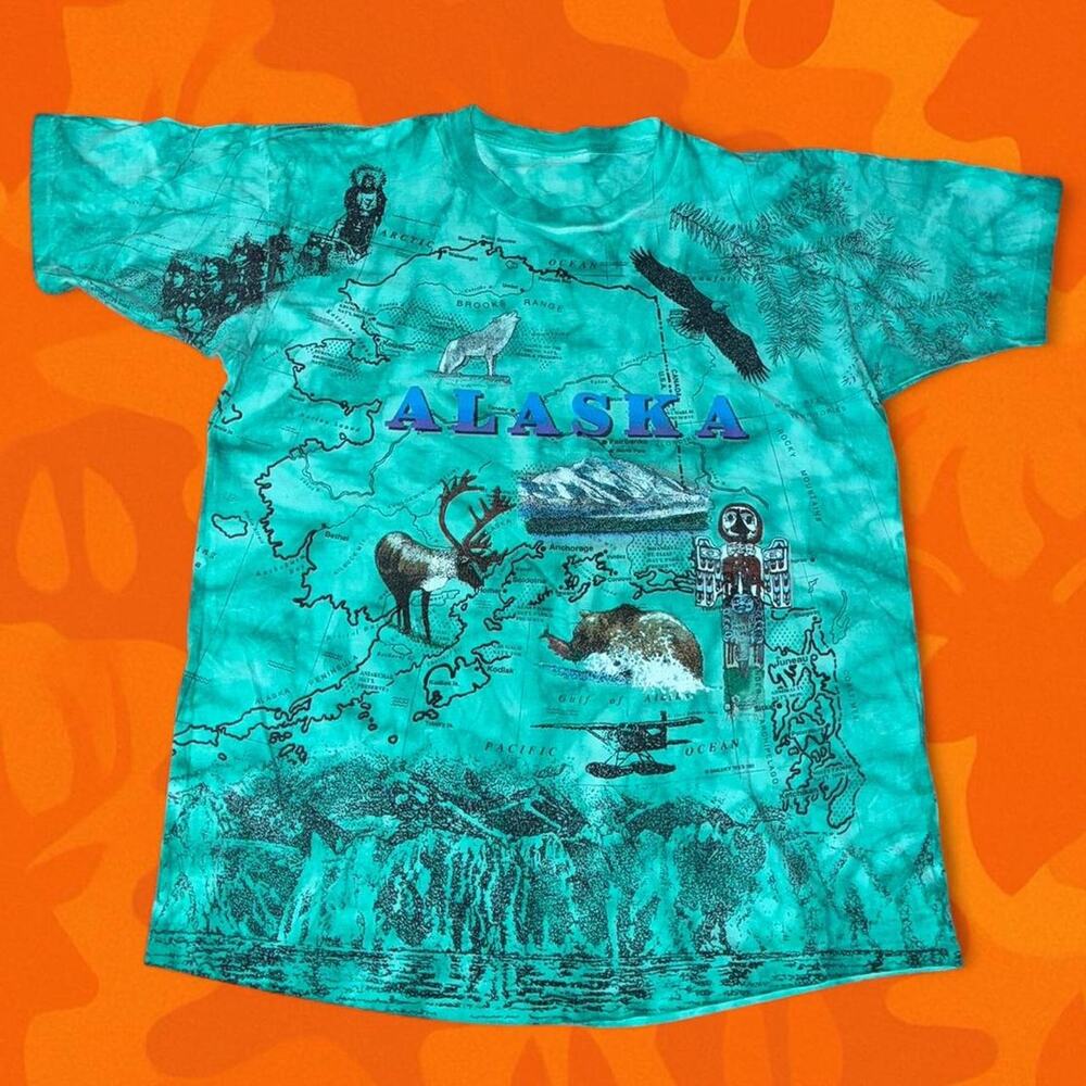 vintage 1993 Alaska map t-shirt AOP tie dye nature Size XL